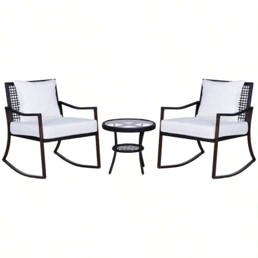Garden Furniture Set For 2 People, Rocking Chair Set, Garden Lounge Set With Cushions, Rattan, Brown And White