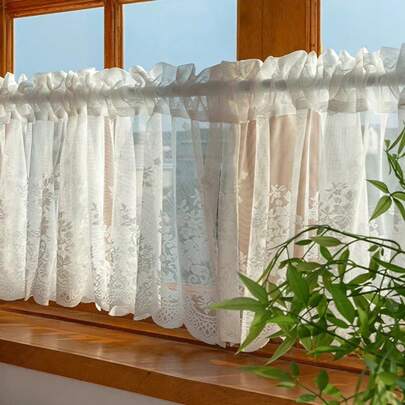 1 stuk wit halfgordijn met tunnelzoom en ruches van kant, landelijke stijl, kort gordijn, keukengordijn, kamerscherm, kastdecoratie