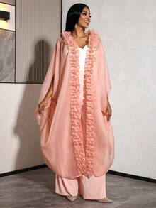 性感女士宽松露肩雪纺薄纱长裙，荷叶边开衫设计，抽绳腰带，适合婚礼宾客穿着 - 粉色 - 查看 8