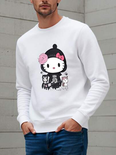 Sanrio Men's Solid Color Crew Neck Long Sleeve Casual Pullover Sweatshirt, Autumn/Winter