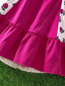 女童夏季新款紫红色拼接玫瑰印花短袖连衣裙，收腰喇叭裙摆，甜美可爱公主裙 - 玫紅色 - 查看 7