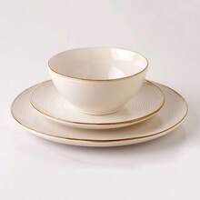 Antique White Stoneware Dinnerware Collection, 12-Piece Set Including Plates And Bowls, Serving 4 People - White - View 3