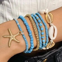 7pcs/Set European And American Bohemian Style Seashell, Rice Bead And Starfish Braided Bracelets For Women, Summer Beach Jewelry Set Back To School