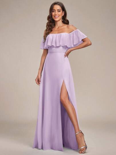Elegant Off-Shoulder Ruffle Hem High Slit Bridesmaid Dress