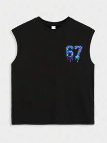 青少年男童休闲背心 - 全息数字 67 滴状印花街头风宽松无袖返校日常上衣 - 黑色 - 查看 2