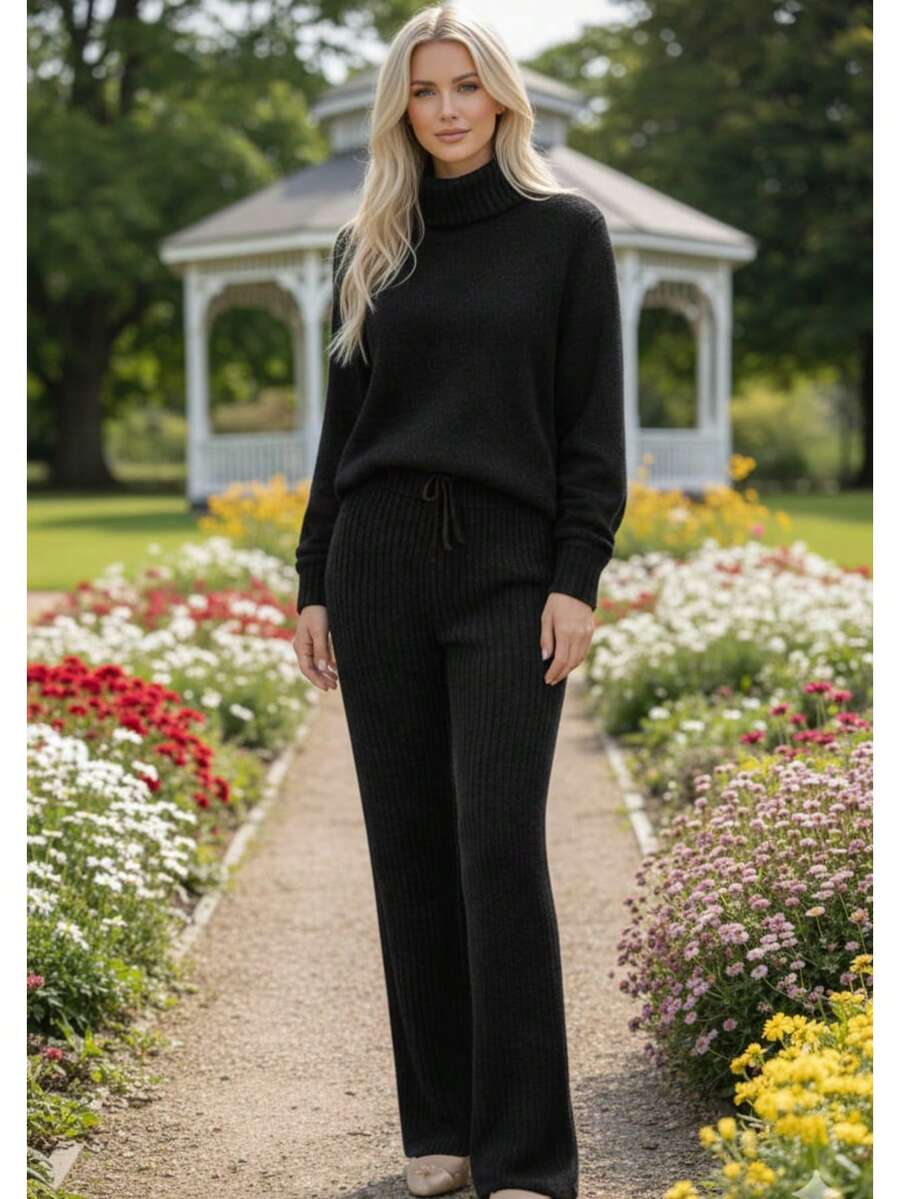 Set Of Pants And High Neck Cacharrel Mousse Knitting Tricot Blouse - Hitam - View 1