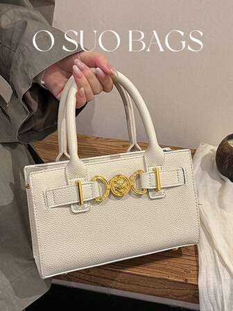 1pc Mini Solid Color PU Leather Handbag With Adjustable Shoulder Strap, Metal Decor, Fashionable & Versatile Square Tote Bag