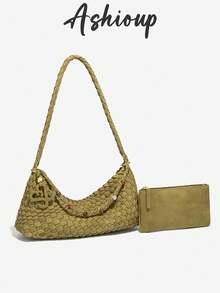 2件套女士麂皮编织单肩包、时尚流浪包、宽松手提包、新月形斜挎包和手提包套装、女士钱包 - 彩色 - 查看 1