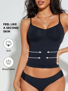 女士塑身压缩背心，收腹塑形，无缝设计 - 黑色 - 查看 4