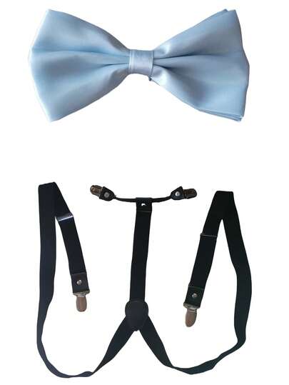 两件套：蓝色领结 + 黑色可调节背带，成人男士弹性 Y 型背带，2.5 厘米宽夹式背带