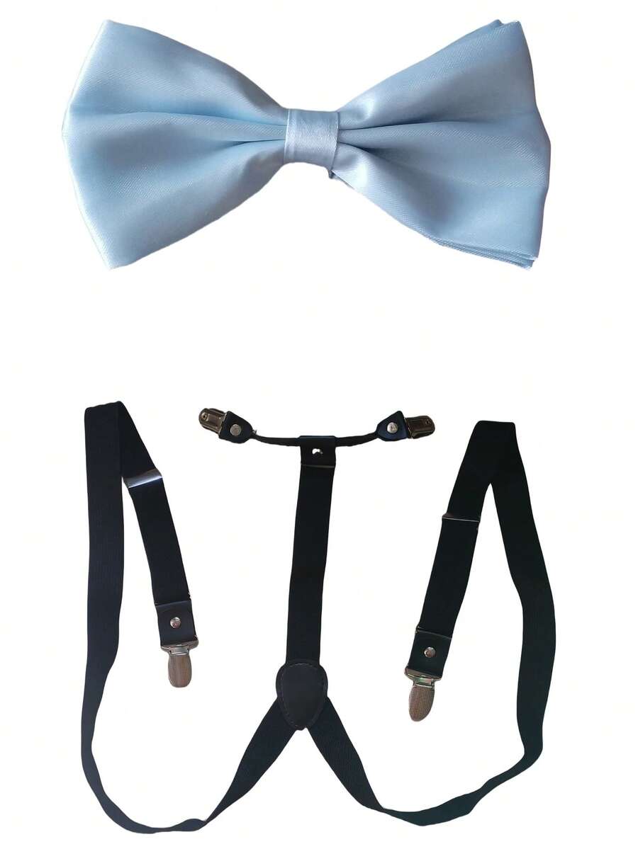 两件套：蓝色领结 + 黑色可调节背带，成人男士弹性 Y 型背带，2.5 厘米宽夹式背带 - 霧霾藍 - 查看 1