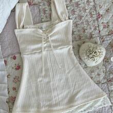 Women Fairy Grunge Tank Tops Y2k Aesthetic Lace Trim Bow Cami Sleeveless Square Neck Slim Fit Coquette Shirt Vintage Streetwear - 白色 - 查看 2