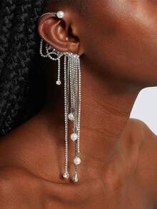 1pc Fashionable Crystal Tassel Earrings, Minimalist Elegant Pearl Earrings, Party Jewelry - Silver - View 1
