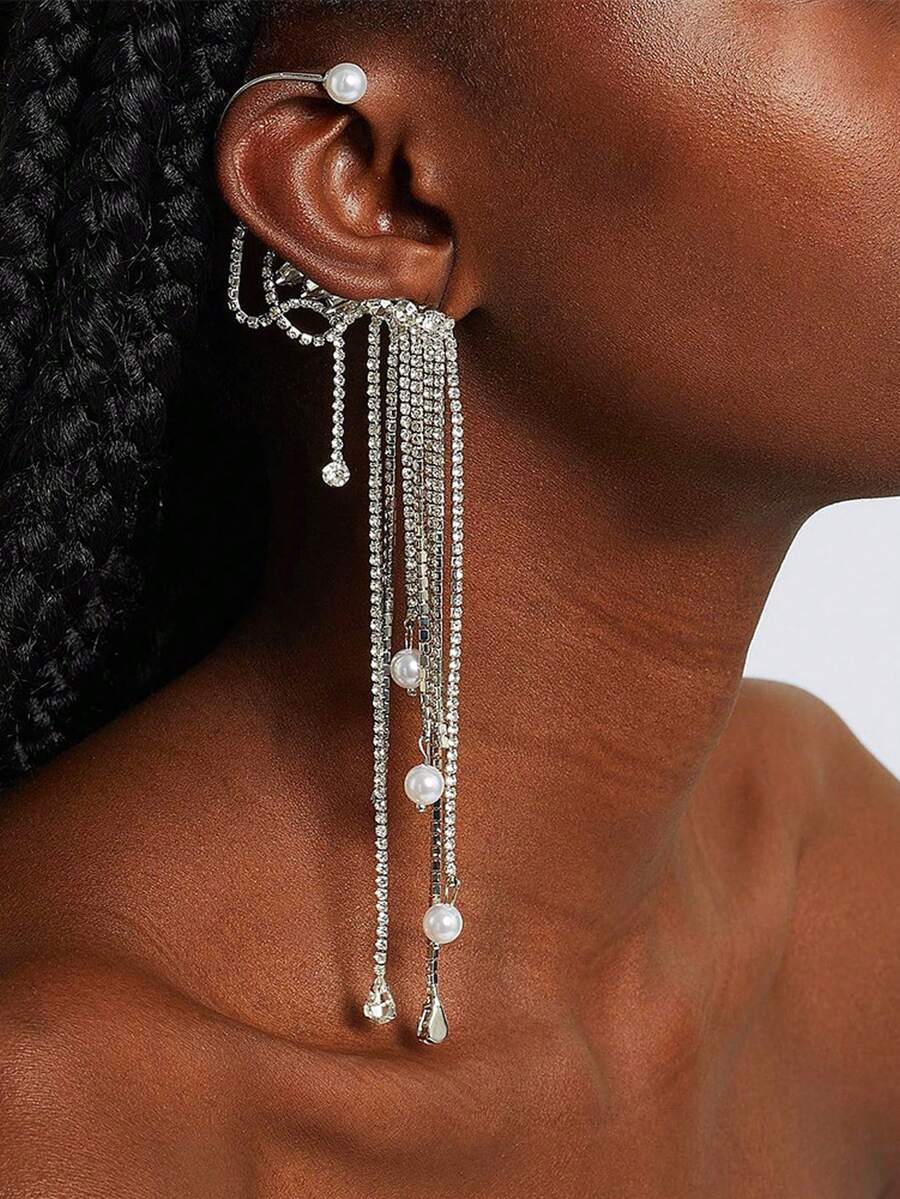 1pc Fashionable Crystal Tassel Earrings, Minimalist Elegant Pearl Earrings, Party Jewelry - Silver - View 1