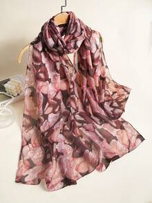 1条花卉印花休闲梭织时尚围巾，女士适用，春夏秋三季 - 粉色 - 查看 1