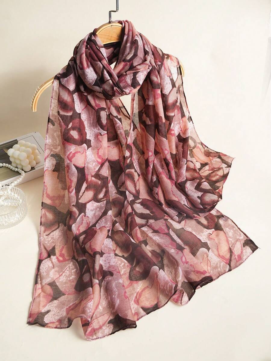 1条花卉印花休闲梭织时尚围巾，女士适用，春夏秋三季 - 粉色 - 查看 1