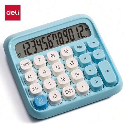 DELI TE36 Professional Accounting Calculator: Supports Common Financial Calculations, Wide Screen, Tall Keys, Dual Power Supply, Optional Voice Function, Stable Desktop Design, Sky Blue Color.