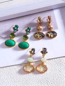 1 Pair Vintage Metal Stone Oval Floral Fashion Earrings, Versatile For Daily Wear - Gold - View 5