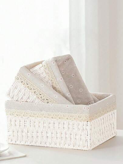 1pc/3pcs Handmade Woven Storage Basket With/Without Lid, Multi-Functional Desktop Organizer, Decorative Desk Tidy For Snacks, Toys, Kitchen, Bathroom, Bedroom, Home Organization, Stylish Wicker Basket, Modern Container For Office, Living Room, Closet Storage Solution