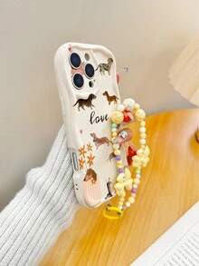 卡通小狗奶油色波浪边手机壳，带手链吊坠，时尚简约加厚防震保护套，兼容 17/17 Pro、15 Pro Max、16/16 Pro/16 Pro Max、16 Plus、15 XR、7/8、15 Pro Max、12 Pro Max、13 Pro Max、14 Pro Max、13、14、11、12、14 等机型。