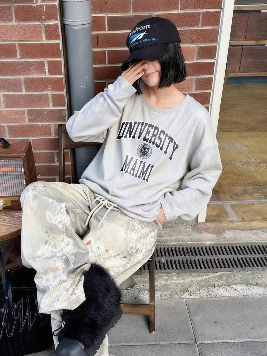 2025 Autumn New Arrival Women's Casual Loose Letter Print Long Sleeve Round Neck T-Shirt, Fashion Korean Style