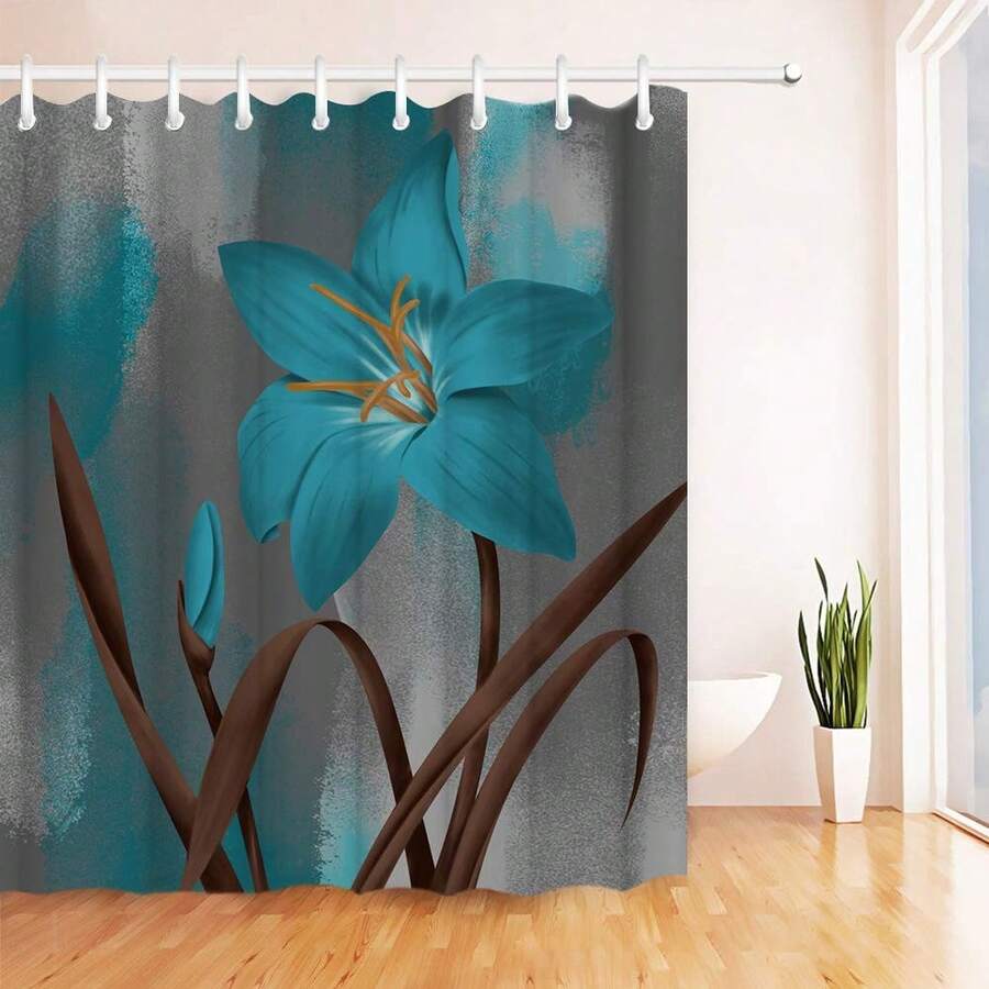 1pc Retro Plant Flower Knot Shower Curtain, Simple Retro Blue Plant Flower Print Shower Curtain, Very Suitable For Bathroom Decoration, Universal Room Decoration, Home Decoration Set, Bathroom Accessories Bathtub Curtain - Multicolor - View 1