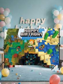 Minecraft 100*150厘米/80*120厘米/150*210厘米摄影背景布：游戏主题生日派对拍照背景。像素背景矿工生日标志、村民、游戏主题生日派对装饰。电子游戏主题装饰横幅。游戏粉丝背景图片。 - 彩色 - 查看 11