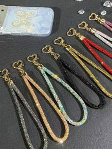 1pc Luxury Rhinestone Studded Phone Wrist Strap/Lanyard With Metal Heart Clasp, Elegant Sparkling Keychain Bag Charm Chain For Women - Multicolor - View 1