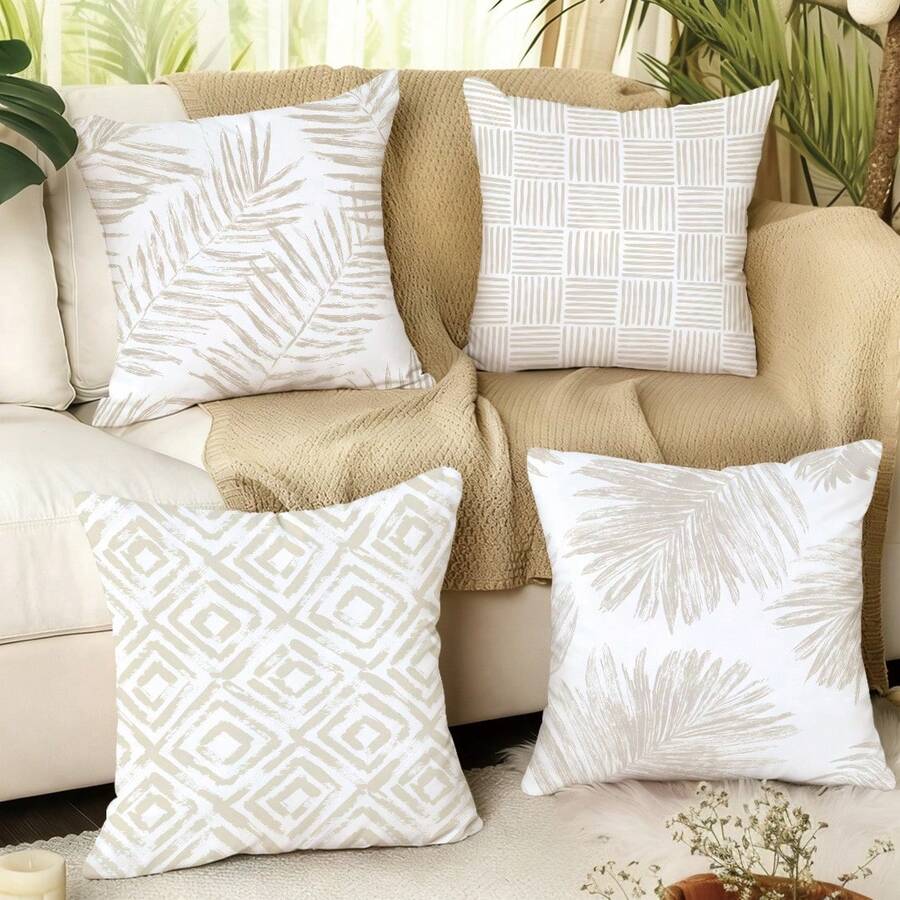 MEMNUN Bộ 4 vỏ gối trang trí hiện đại đơn giản họa tiết trà sữa, lá nhiệt đới và hình học (không kèm ruột gối), kích thước 17.7*17.7in (45*45cm)/19.69*19.69in (50*50cm)/15.75*15.75in (40*40cm), [in một mặt]. Vỏ gối trang trí nhà hiện đại bằng polyester, thích hợp cho ghế sofa, giường, phòng khách, phòng ngủ, xe hơi, văn phòng, khách sạn, phù hợp cho mọi mùa, món quà hoàn hảo cho gia đình và bạn bè.