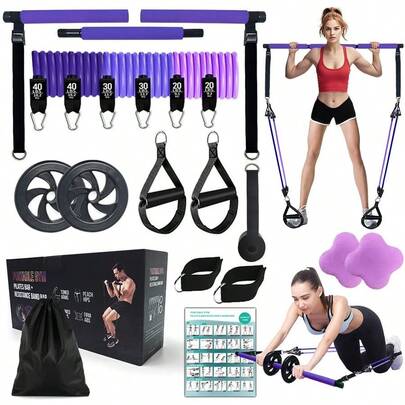 Bar Kit With 180LBS Resistance Bands20,30,40 LB,21PCS Pilates Equipment Exercise Bar With Ab Roller, Portable Ho...