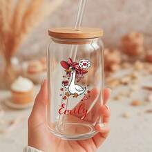 1pc 550ml/18.7oz Personalized Valentine's Day Glass Cup With Lid, Straw, Straw Brush - Romantic Gift For Couples, Suitable For Girlfriend, Women's Birthday, Friends, Mother, Teacher, Girl - Customized Gift, Valentine's Day Present, Thoughtful Gift, Fashionable Drinkware - Frosted - View 5