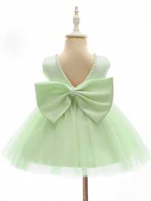 Baby Girls Green Big Bow Decor Mesh Patchwork Sleeveless Mini Dress, Flower Girl Tulle Party Dress For Wedding, Birthday, Celebration - Green - View 7