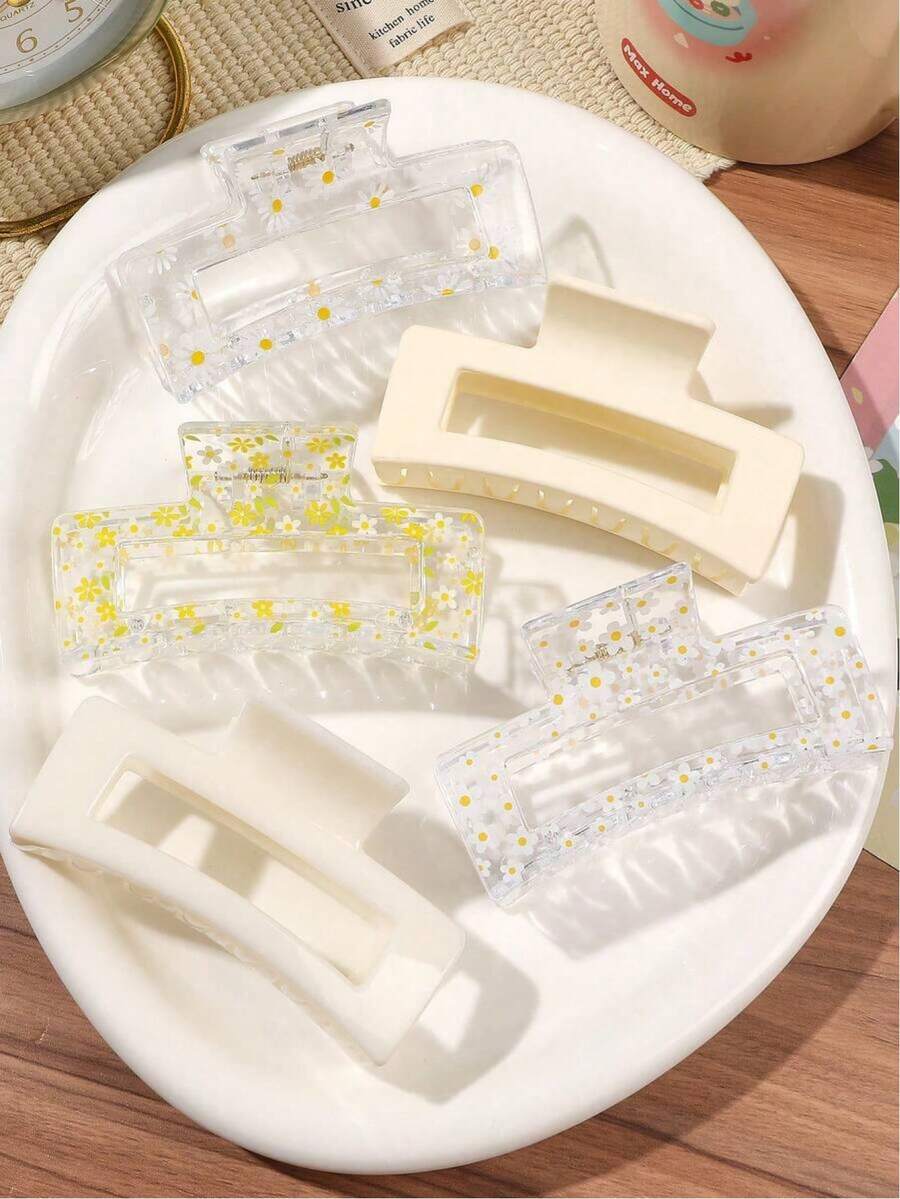 5个ABS材质黄色雏菊UV印花发夹，哑光透明方形优雅发夹套装，简约高端波西米亚风派对头饰发饰，时尚女士发夹 - 彩色 - 查看 1