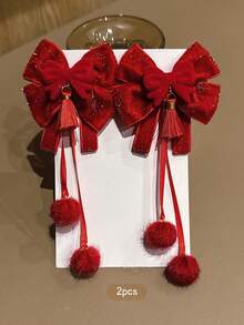2个红色蝴蝶结发夹，适合新年使用 - 紅色 - 查看 5