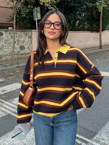 Women's Vintage Striped Polo Sweater Long Sleeve Color Block Knit Pullover Top Spring - Yellow - View 2