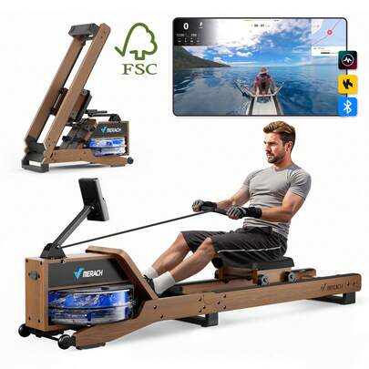 MERACH Water Rowing Machines For Home, Wood Rower Machine With 12 Enhanced Resistance Blades, Upgraded Handle, Adjustable Footpad, Dedicated Monitor & Bluetooth App