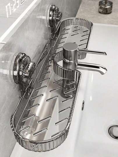 Acrylic Faucet Organizer Rack, Hole-Free Faucet Caddy - Space-Saving Bathroom Sink Hanging Storage Shelf With Drainage Hole, Wall-Mounted Soap And Toothbrush Holder, RV And Dorm, Modern Design - Keeps Countertop Tidy, Bathroom And Vanity Organizer, Perfect For Under Mirror/Sink/Shower, Great Gift For Renters/Moms/Storage Enthusiasts, Ideal Housewarming And Mother's Day Present, Waterproof Caddy