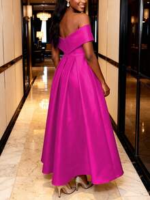 女士性感玫红色露肩褶皱A字连衣裙，腰间系带，喇叭裙摆，适合婚礼宾客晚宴派对 - 玫紅色 - 查看 3