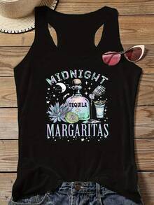 Plus Size, Midnight Margarita Print Oversized Tank Top, Casual Polyester Vest, Round Neck, Suitable For Springsummer, Lightweight Breathable Fabric, Casual Summer Wear  Fun Casual Tank  Stretch Fabric - màu đen - Xem 1