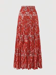 EARO 女士休闲红色印花长裙，无弹力面料，独特图案，松紧腰带，适合度假夏季穿着 - 橘紅色 - 查看 3