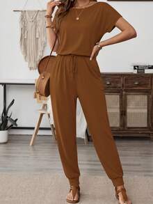 Women's Loose Solid Off Shoulder Elastic Waist Stretchy Long Romper Jumpsuit - 棕色 - 查看 4