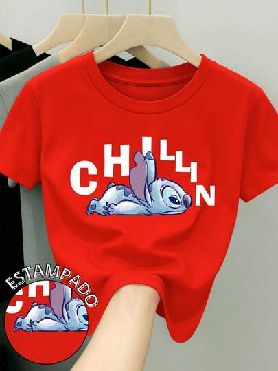  Camiseta para mujer de 100% algodón con cuello redondo y manga corta Estampada original de Disney Película Lilo y Stitch ideal para festividades Regalo ideal Primavera Verano Otoño Invierno Stitch con leyenda "Chillin" Stich disney