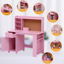 Kids Study Desk And Chair Set With Storage Cabinet, Wooden Children's Study Table, Student Writing Desk And Computer Workstation For Boys And Girls Ages 3-8 - 粉色 - 查看 3