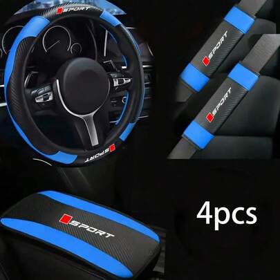 4pcs Carbon Fiber Pattern Leather Splicing Sports Style Steering Wheel Cover, Gear Shift Knob Cover, Armrest Box Pad Set, Universal For All Seasons Car Interior Accessories