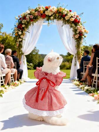 Red Plaid Lace Pet Dress With Puff Sleeves, Suitable For Teddy Bears, French Bulldogs, Pandas And Kittens. Dog Dress With Bow Tie, Suitable For Valentine's Day And Weddings. Spring/Summer Pet Clothes. Pet Vest. New Pet Clothes. Dog Supplies. Cat/Small Dog Leash.