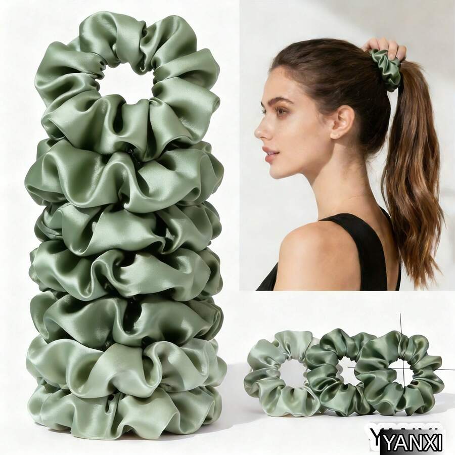 12/24pcs Sage Green Satin Scrunchies, 10cm/6.5cm - Sage Green - View 1