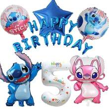 "Lilo & Stitch" und "Angel" Themen Geburtstagballon Set, beinhaltet Zahl-Folienballons, Stitch und Angel geformte Folienballons, "Alles Gute zum Geburtstag" Buchstabenballons, Sternballons, in blauen und rosa Tönen, ergibt einen süßen Cartoon-Stil, geeignet für Geburtstagsfeiern und thematische Veranstaltungen. - Verschiedenfarbig - Übersicht 7