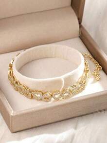 1pc Luxury Heart-Shaped Zirconia Bridal Bracelet, Adjustable Elegant Minimalist High-End Sparkly Women - Gold - 查看 5