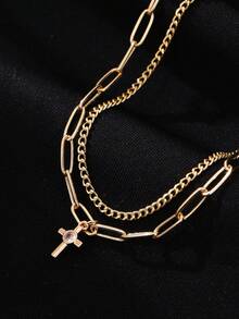 2pcs Classic Plaid Paperclip Bracelet, Copper Inlaid Cubic Zirconia Cross Pendant Double-Layer Stacking Bracelet Set, Suitable For Men's Daily Outfit Accessories - Yellow Gold - View 2