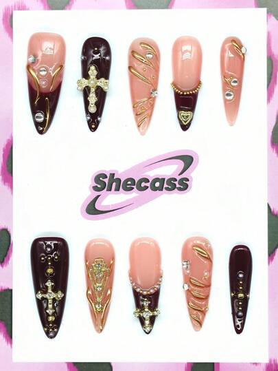 10片手工制作的按压式美甲，尖头长指甲，红色指甲，法式美甲，3D美甲装饰，配有3件美甲工具、指甲胶水和美甲用品，假指甲，亚克力按压式美甲，适合女性和女孩参加派对、旅行、日常上学等场合。